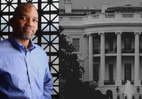 A photo of Dr. Eric Tate paired with a picture of the US White House building