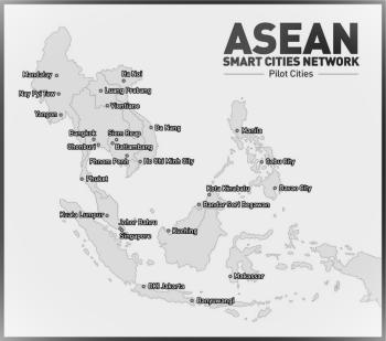A picture of Association for Southeast Asian Nations Smart Cities Networks. It is a map of Myanmar, Vietnam, Laos, Thailand, Cam