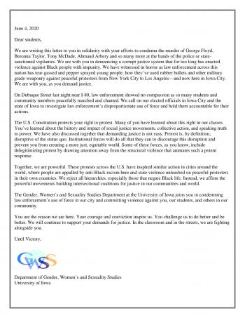 University of Iowa GWSS department--Letter of Solidarity to Students #BLM