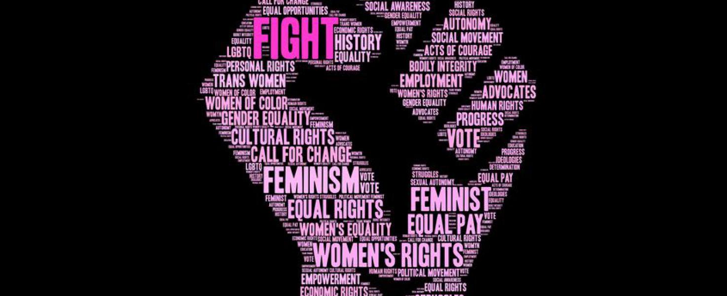 Word Cloud in the shape of a fist made of keywords relating to Women's rights.