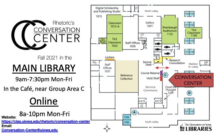 Main Library Map indicating location of the Conversation Center's in-person appointment meeting place (in the Cafe seating against the west wall near Group Area C and the Service Desk)