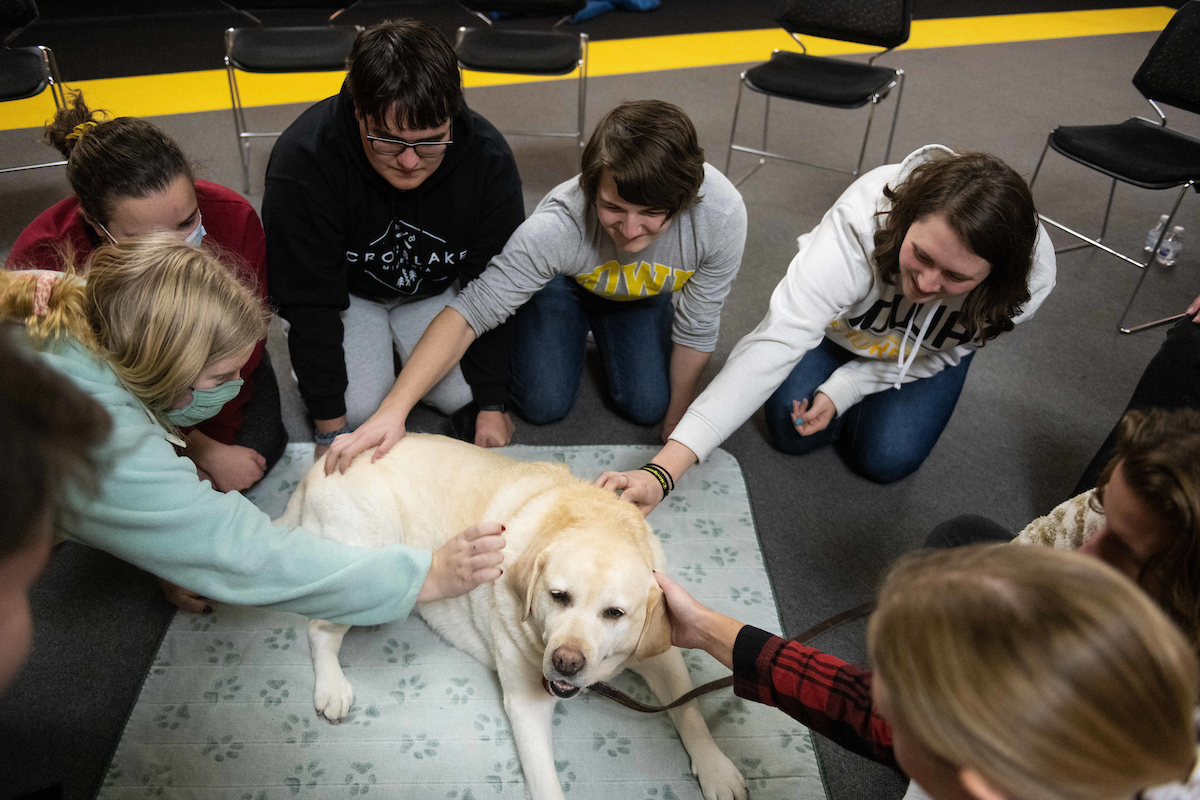 students enjoying a study break with a therapy dog