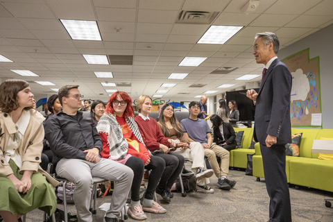 The Japanese Ambassador speaking to students