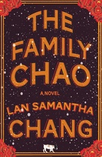 The cover of Lan Samantha Chang's book "The Family Chao." It has a dark background with golden orange text and decoration on the borders