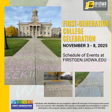 First Gen Week at Iowa graphic featuring multiple pictures of chalk drawings on campus