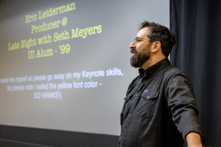 Eric Leiderman prepares to present to students about his rising career in television.