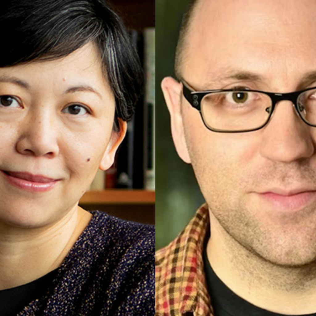 Professional portraits of Yiyun Li and Daniel Kraus, separate photos, side-by-side.