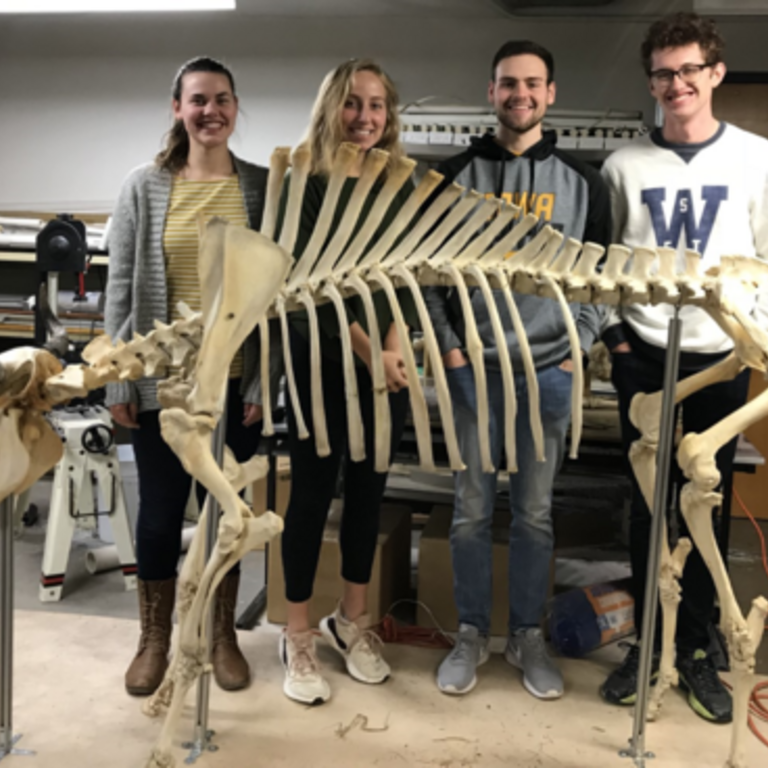 University of Iowa stand beside a dinosaur prototype created in the Machine Shop.