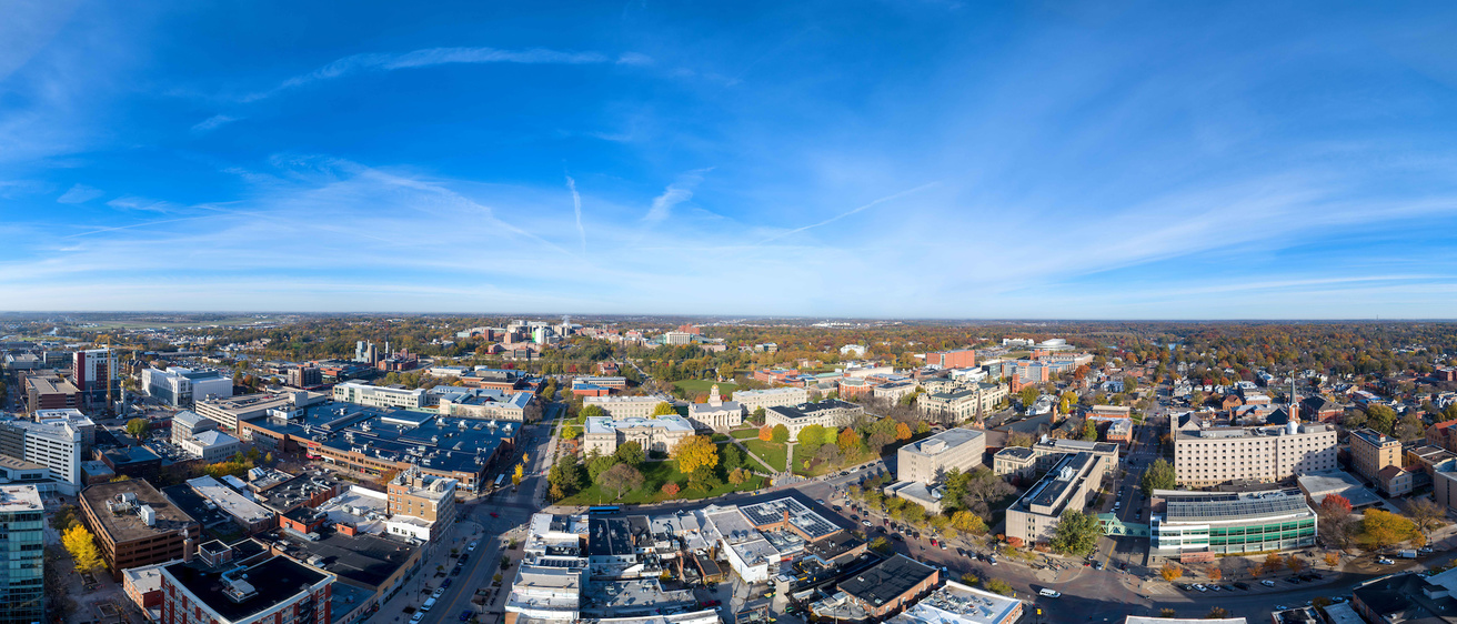 An extreme panoramic aerial of the University of Iowa campus from the east side looking west toward the hospital