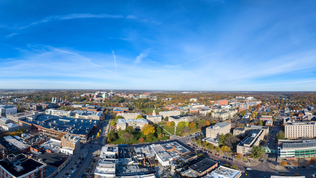 Panoramic aerial of the University of Iowa campus
