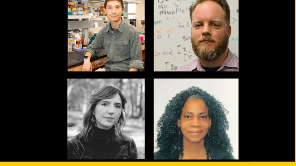 A grid with four headshots of the researchers and artists