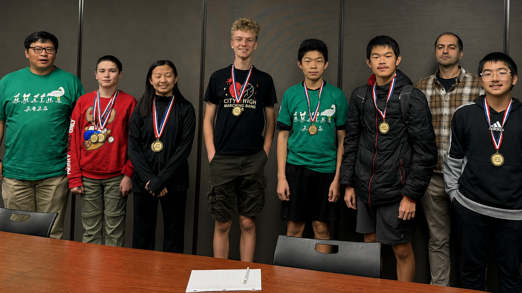 Students stand with instructors donning medals. From left to right: Weiyu Xu, Maximilian Hing, April Xu, Flix Cook, Mason Zhang, Aiden Zhang, Mohammad Tehrani, and Ethan Weng.