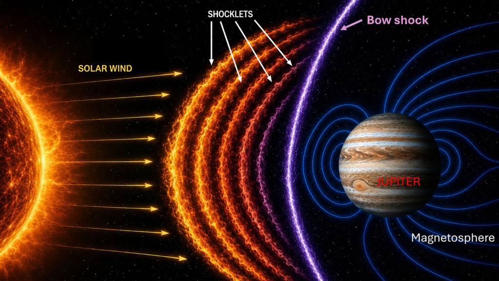 A diagram of solar winds, shocklets, bow shock, magnetosphere, and Jupiter.
