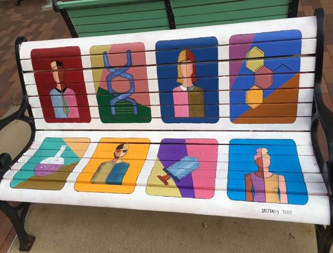 Bench with painted science images