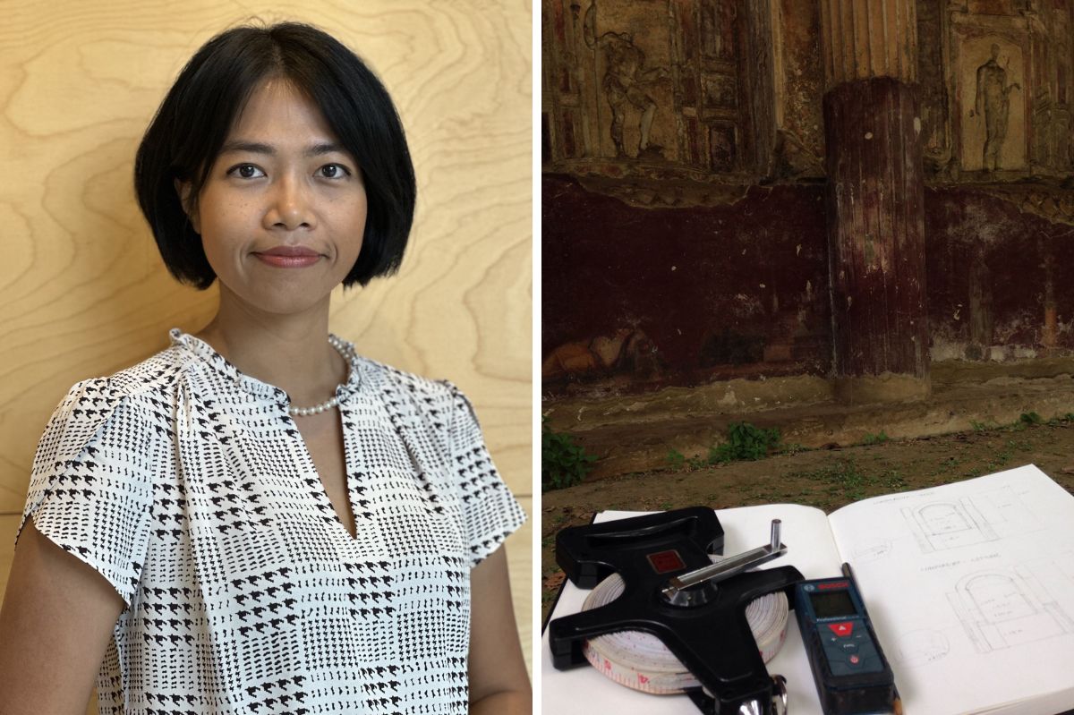A portrait of Myat Aung, as well as drawings and tools she used for her research on Ancient Roman grottoes.
