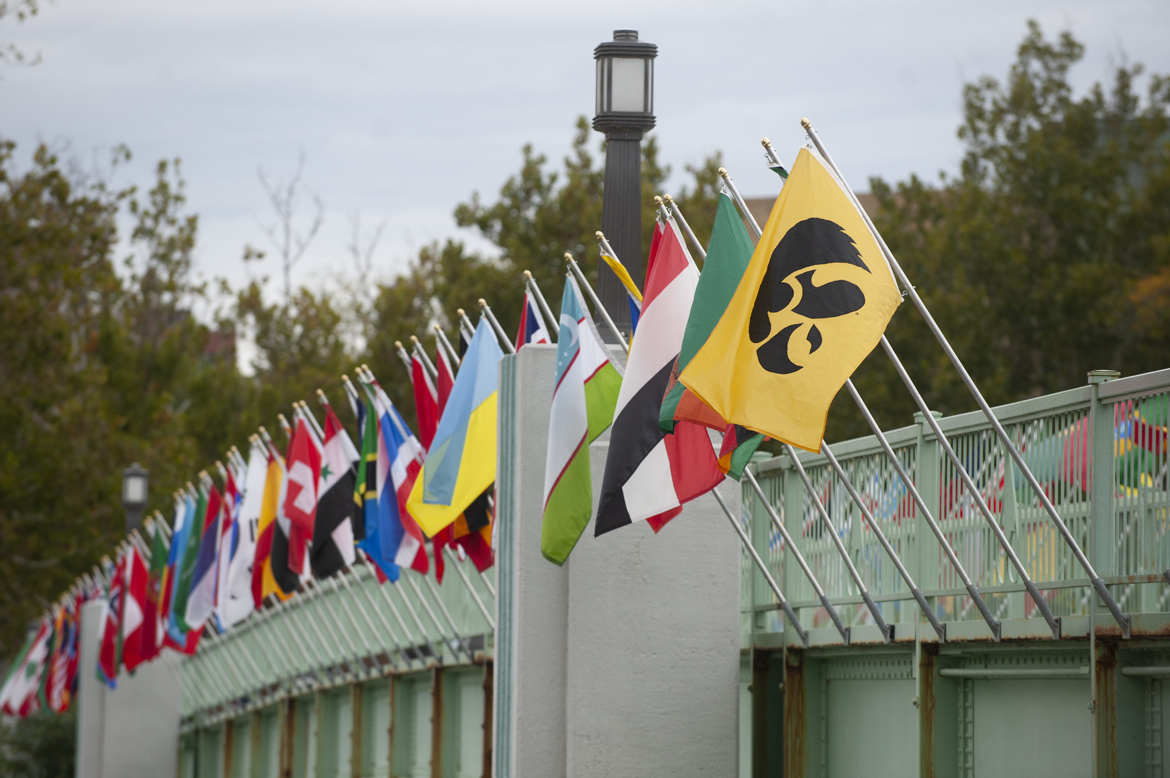 Flags of the nations on pedestrian bridge in central campus.