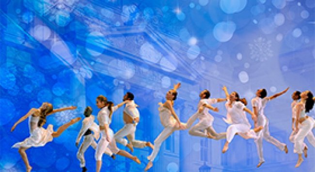 Dancers in front of Schaeffer Hall on blue background and sparkly twinkly stuff