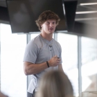 Iowa football player Kelby Telander shares his story with campers during UISPEAKS. 